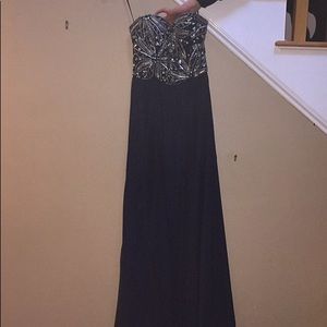 Navy blue A line prom dress with beaded top